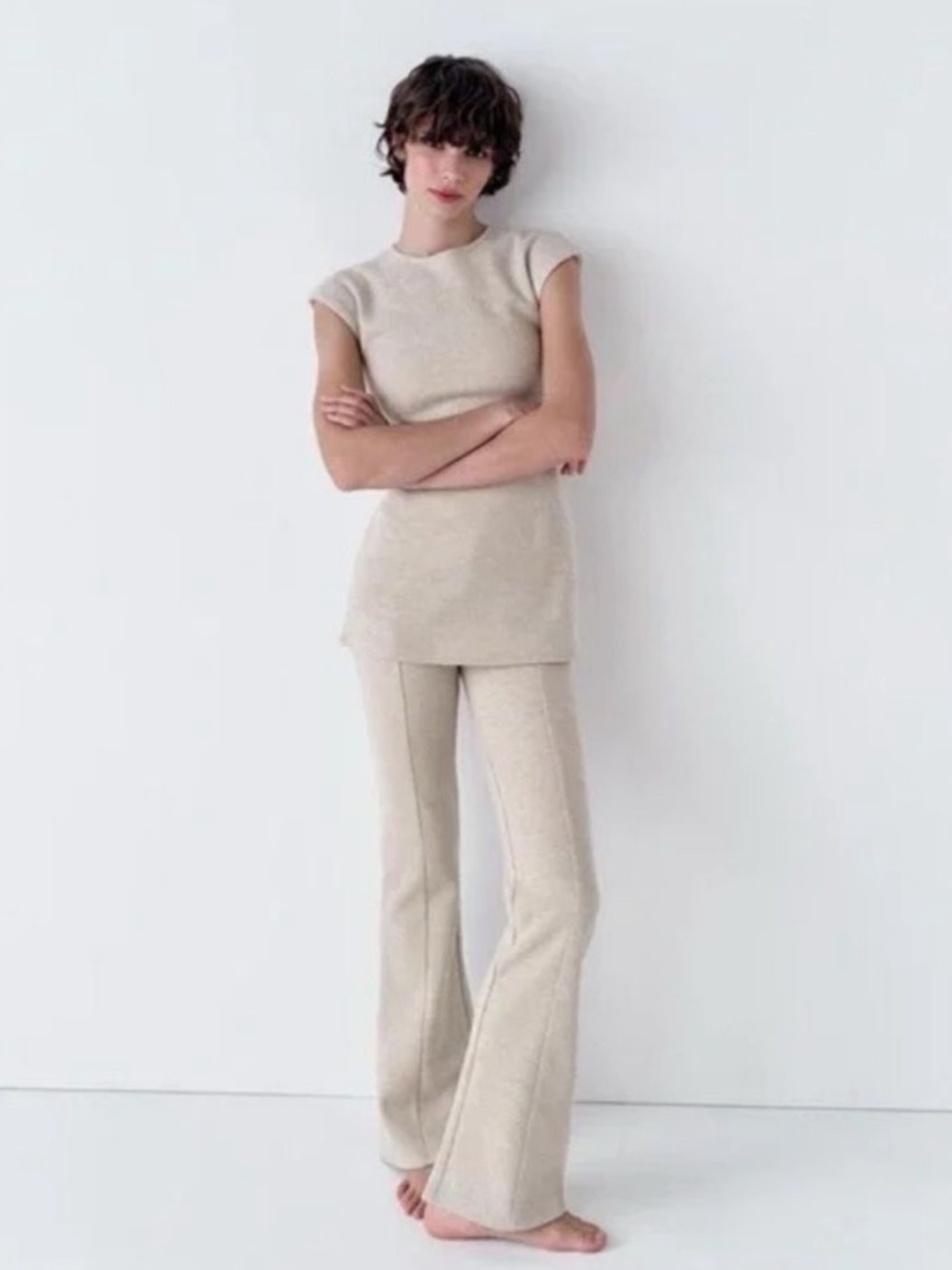 ZARA 2 PIECE SET Cream Fitted Ribbed Top & Flared Rib Sweater Pants M/L